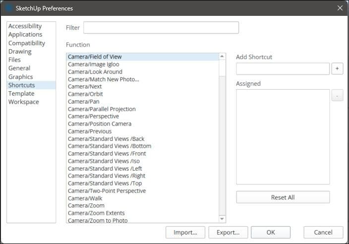 Настройка горячих клавиш в SketchUp: раздел Shortcuts в окне Preferences