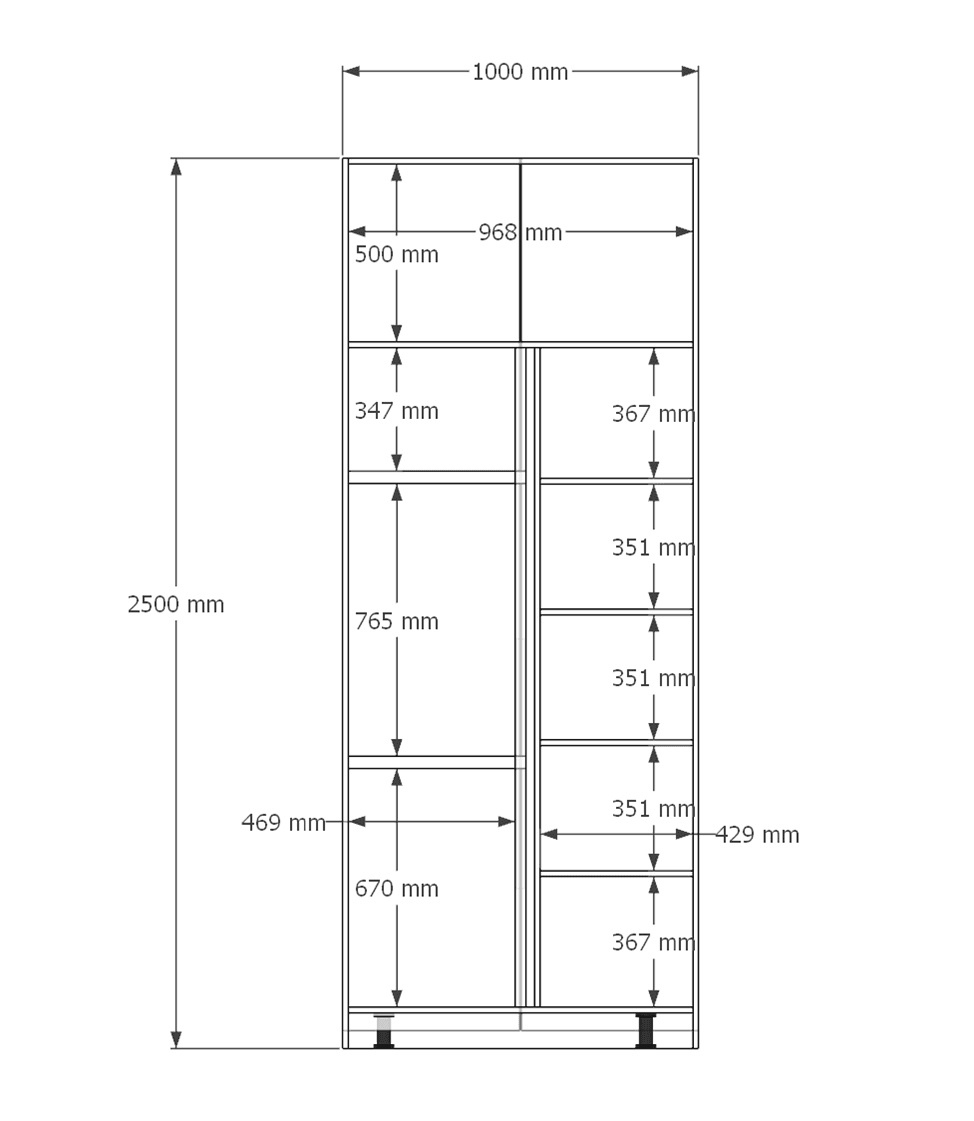 Чертёж шкафа с проставленными размерами секций, подготовленный в LayOut
