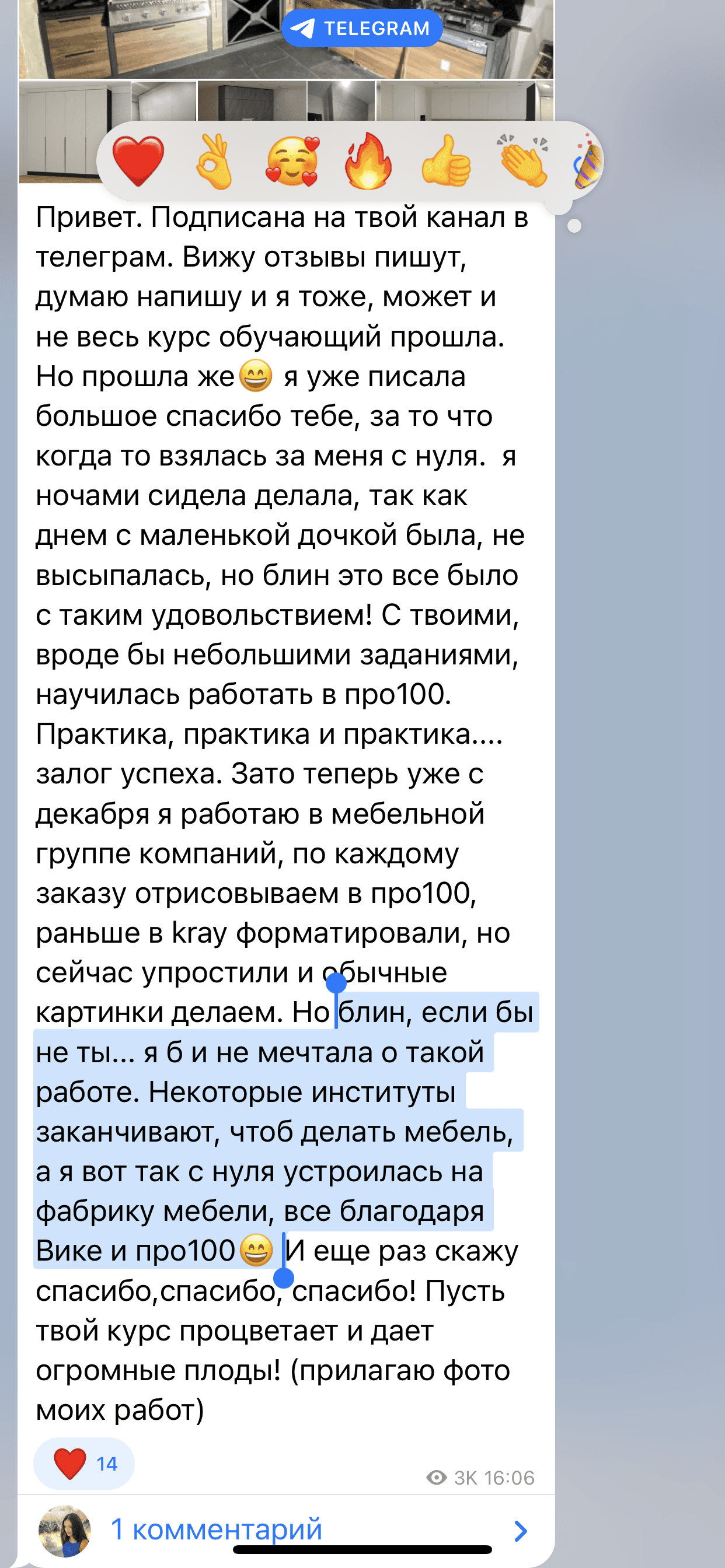 Сообщение от Анастасии с благодарностью за обучение и фото её работ